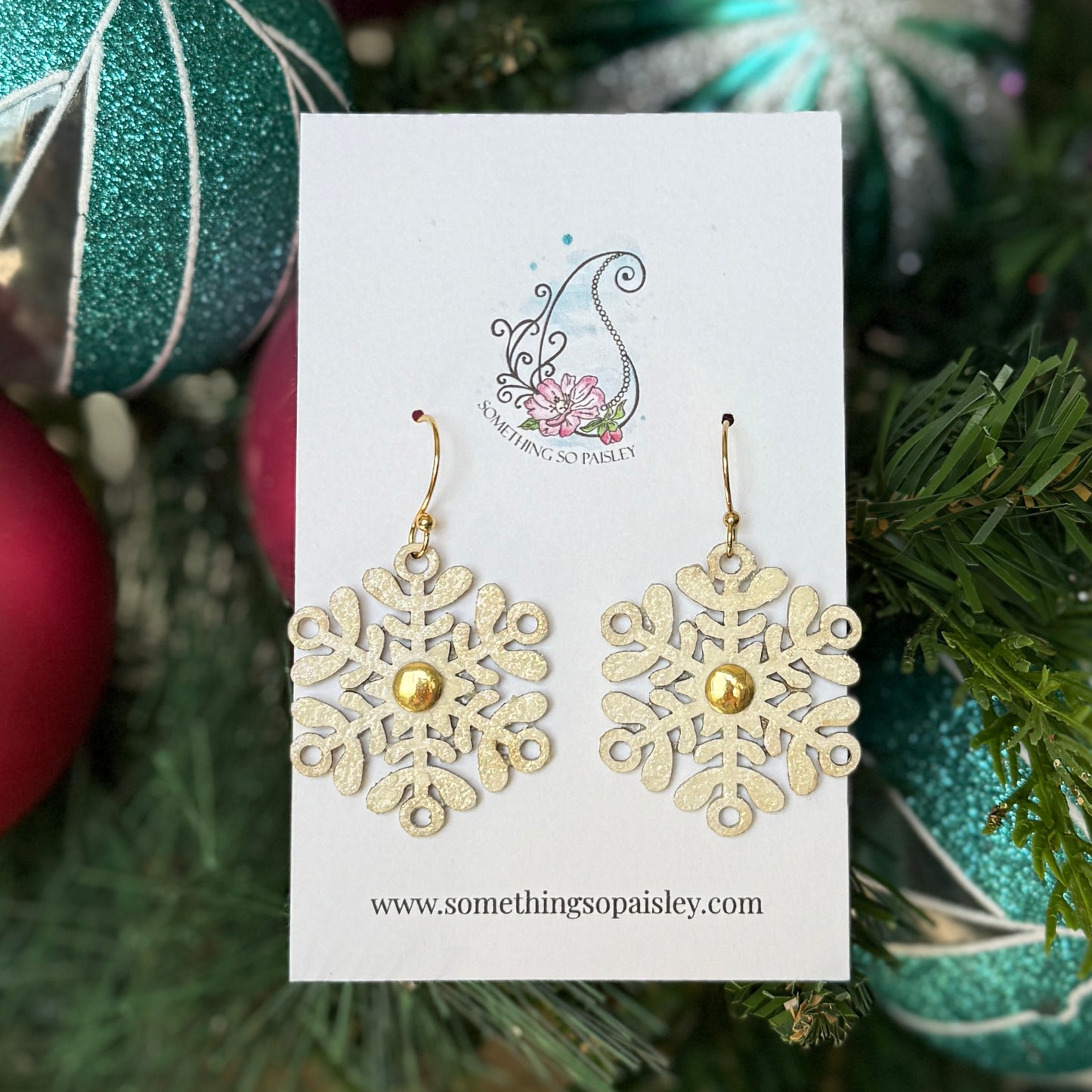 Cream Glitter & Gold Snowflake Earrings #74