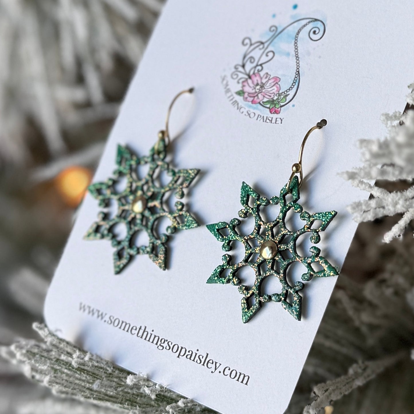 Emerald Glitter Snowflake Earrings #21