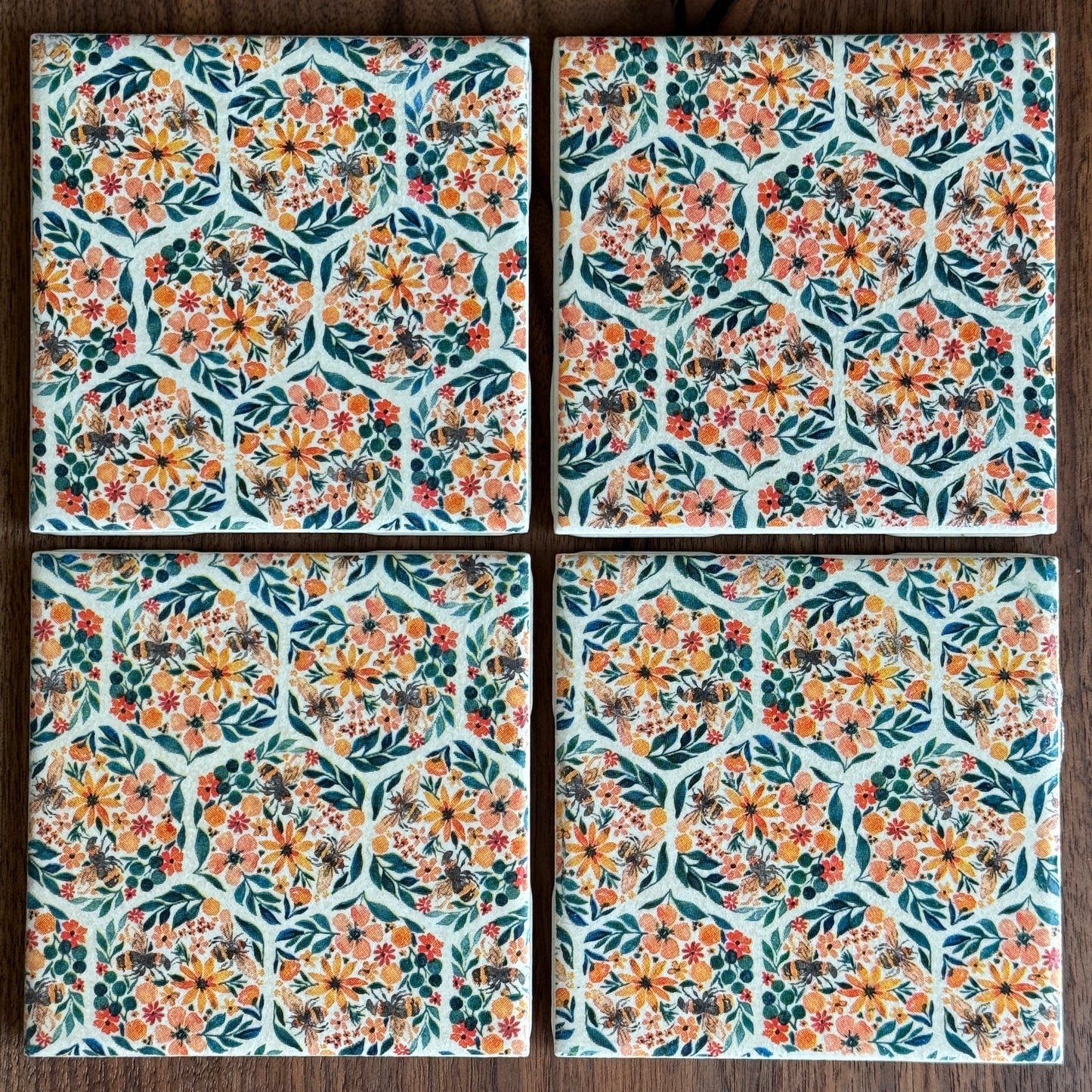 Bees & Blossoms Ceramic Coaster Set