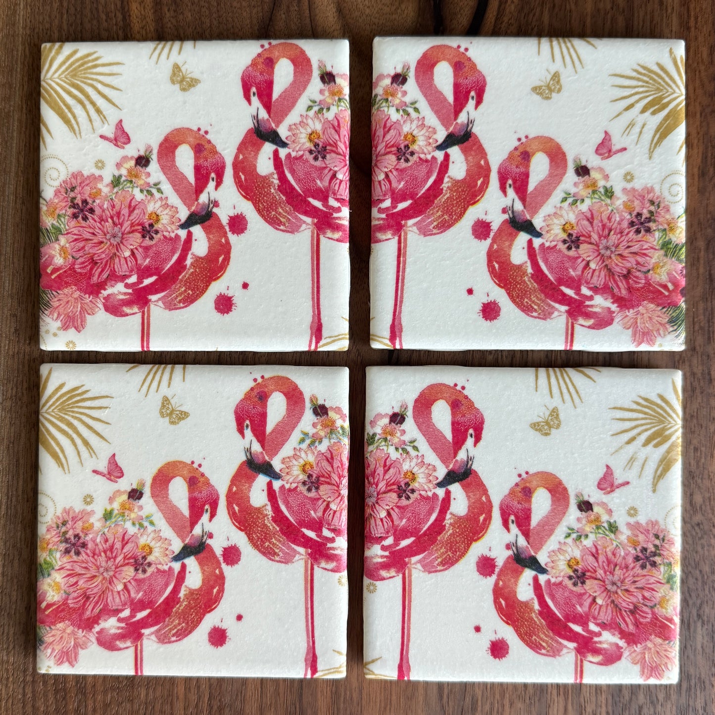 Floral Flamingos Ceramic Coaster Set