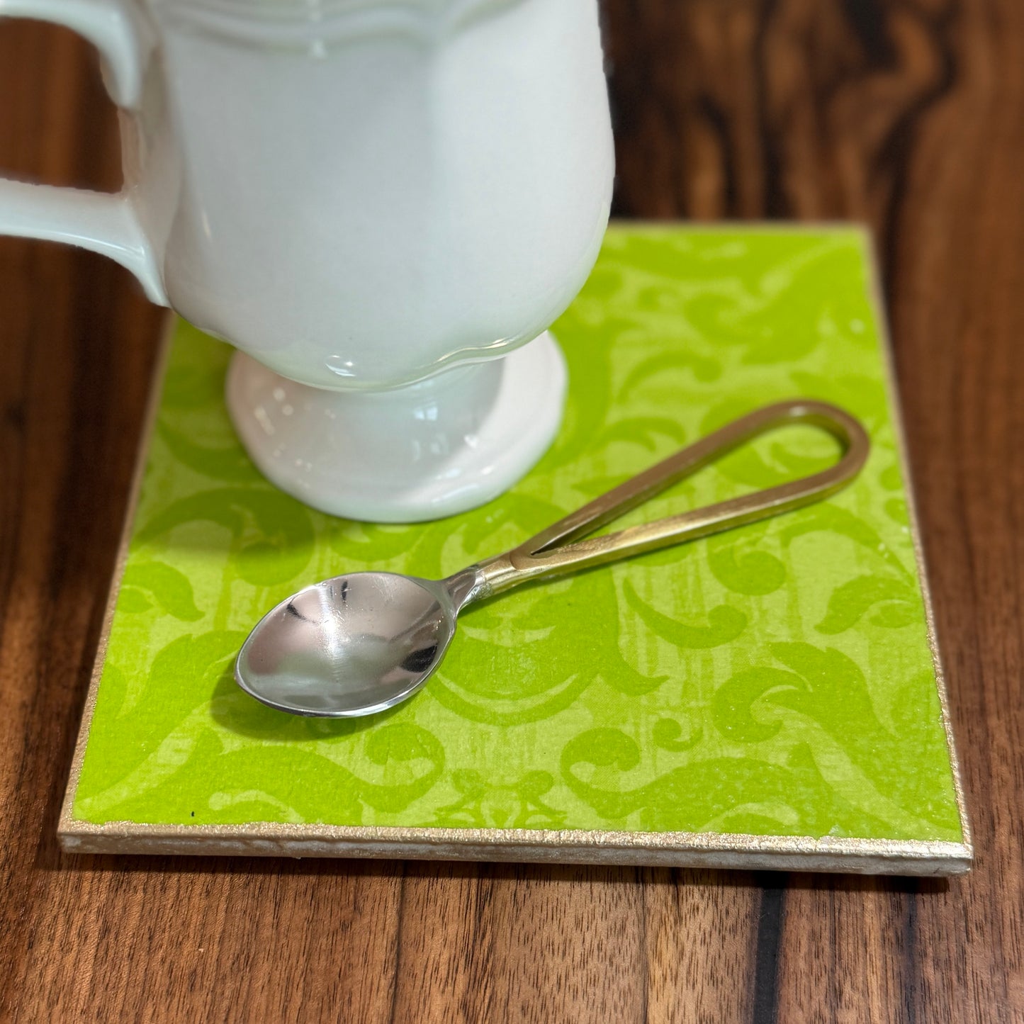 Lime Damask Ceramic Trivet
