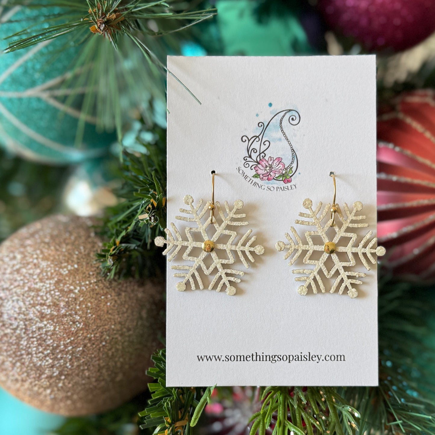 Cream Glitter & Gold Snowflake Earrings #75