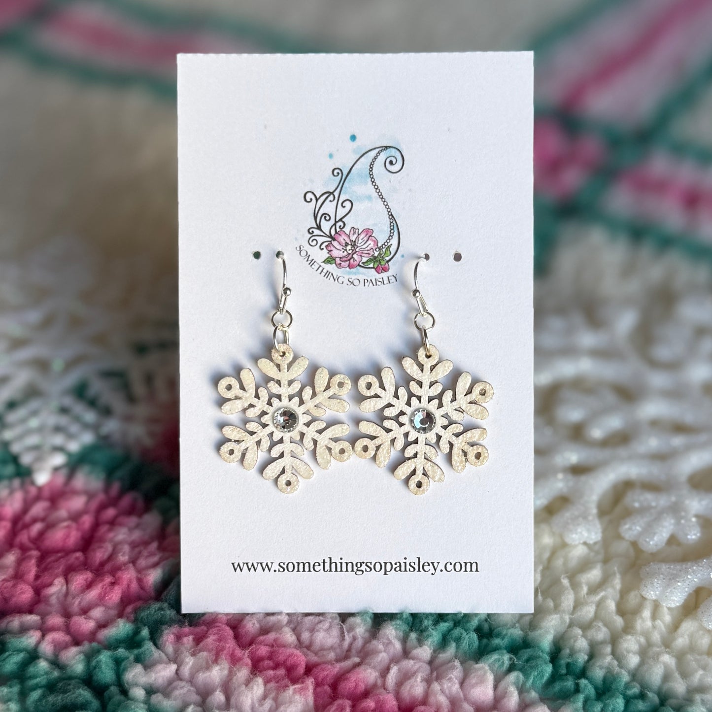 Cream Crystal & Glitter Snowflake Earrings #77