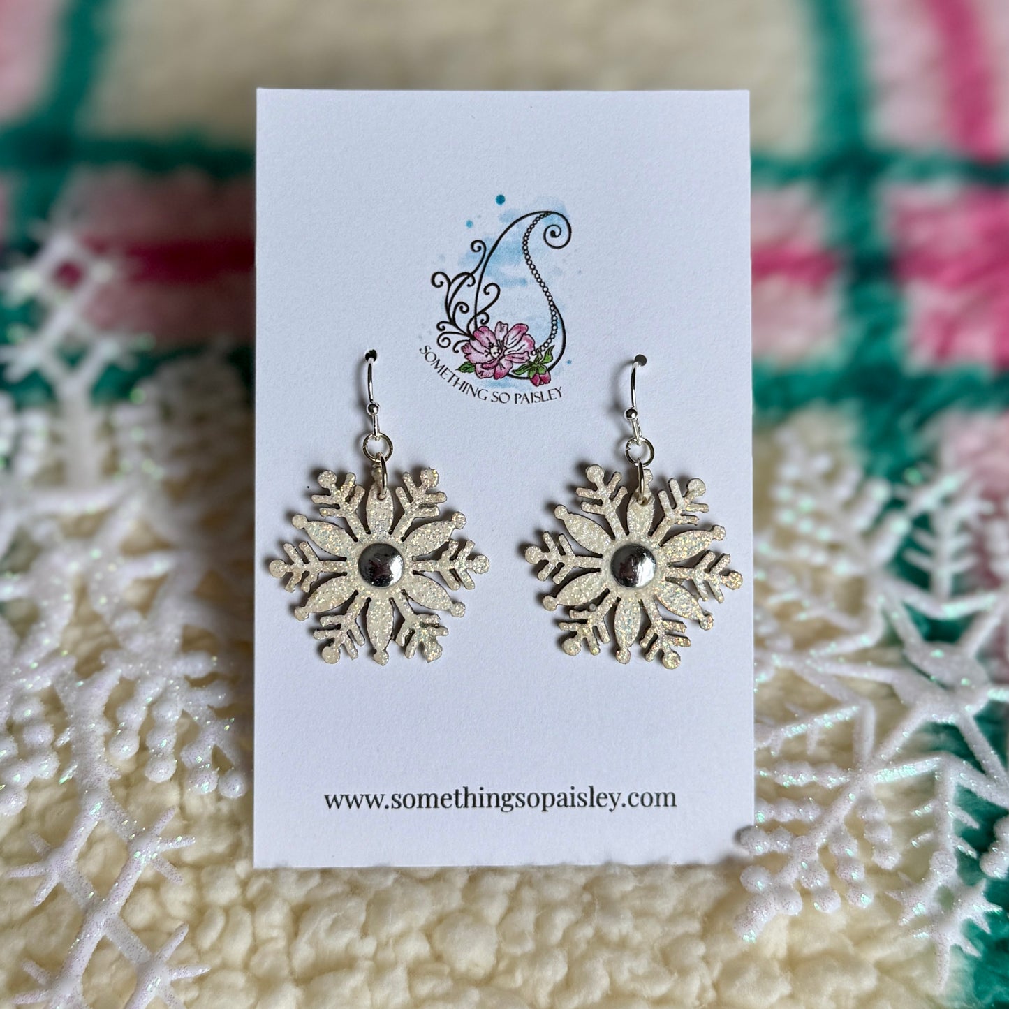 Cream Glitter & Silver Snowflake Earrings #82