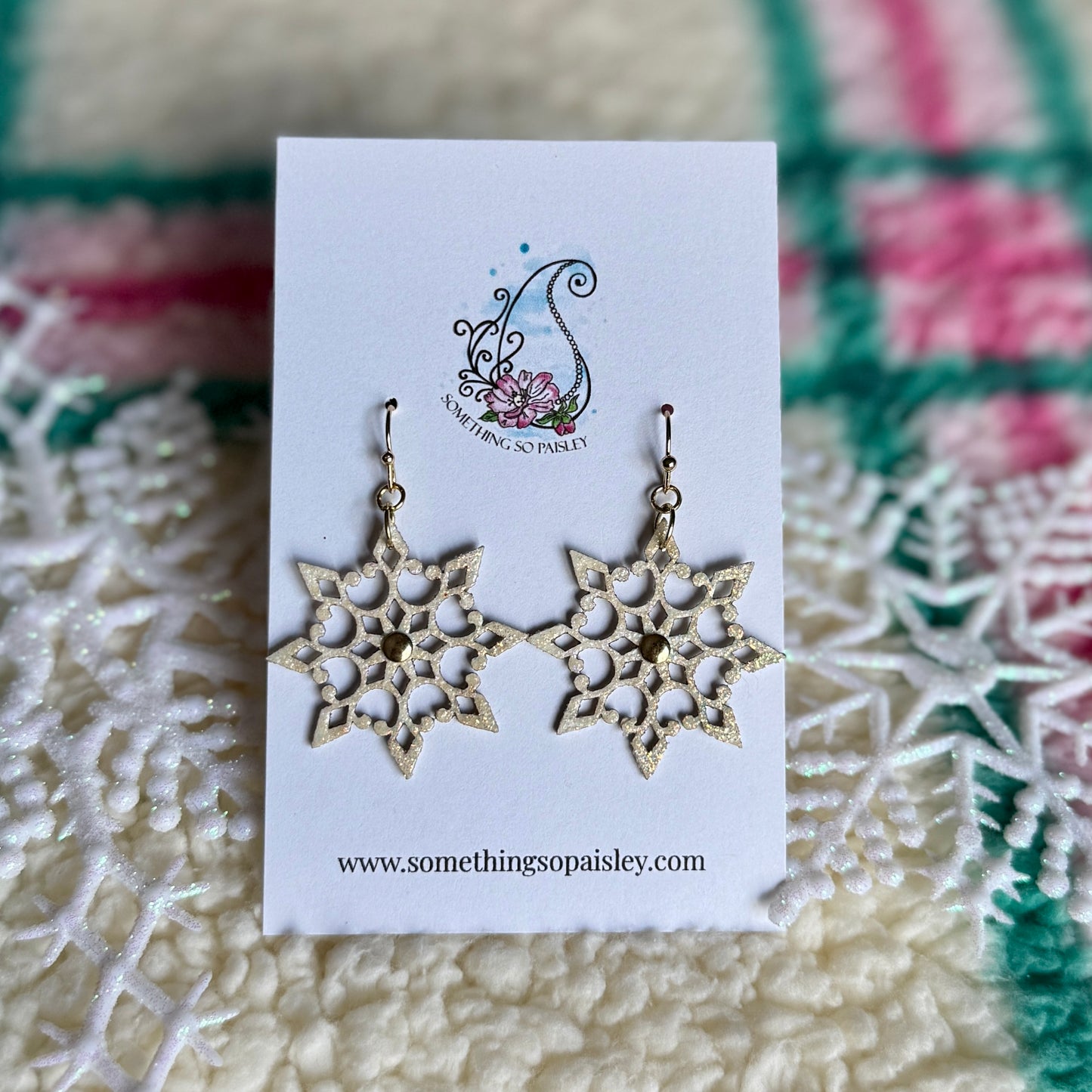 Cream Glitter & Gold Snowflake Earrings #80