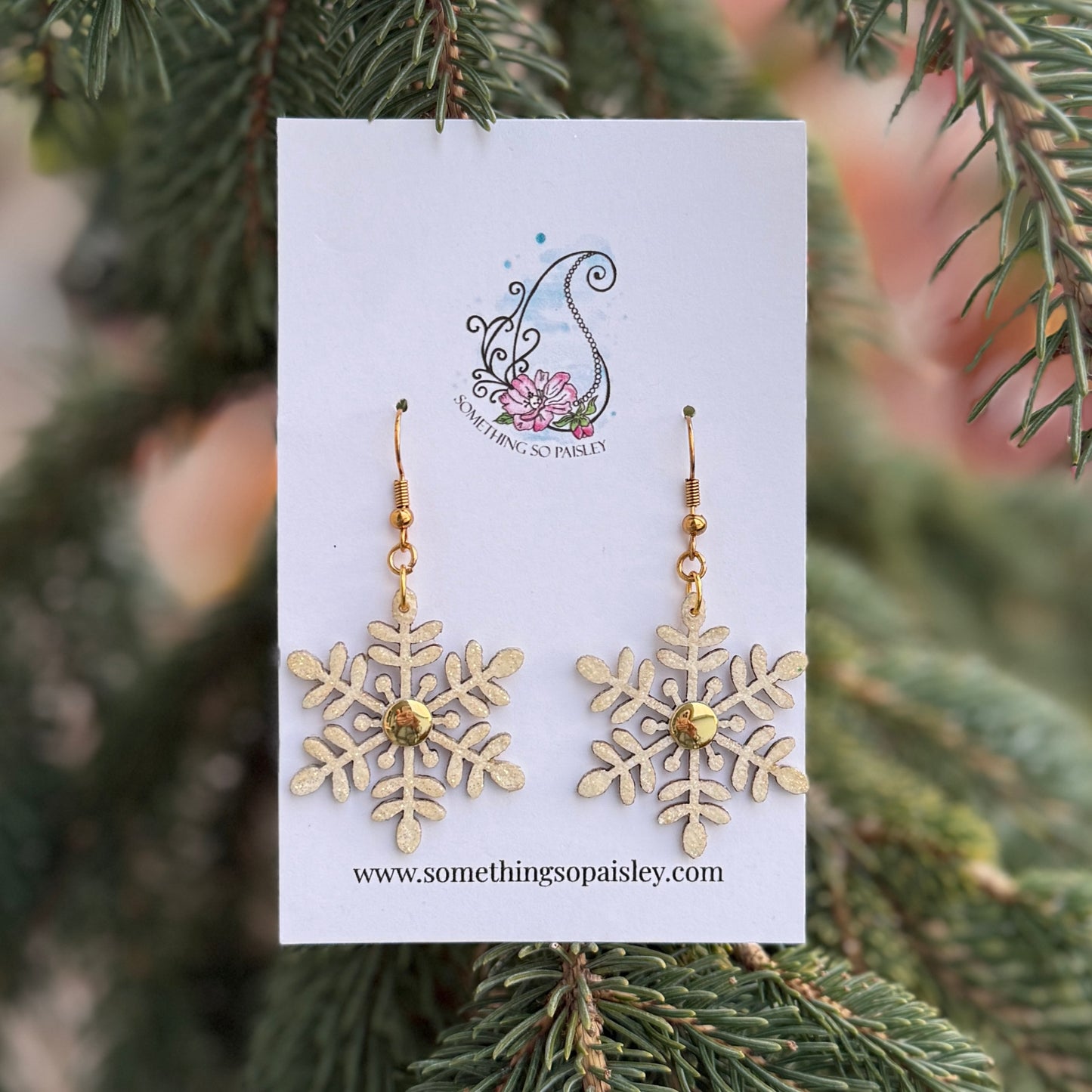 Cream Glitter & Gold Snowflake Earrings #83