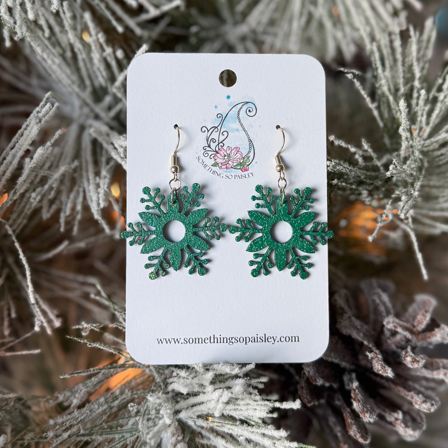 Emerald Glitter Snowflake Earrings #14
