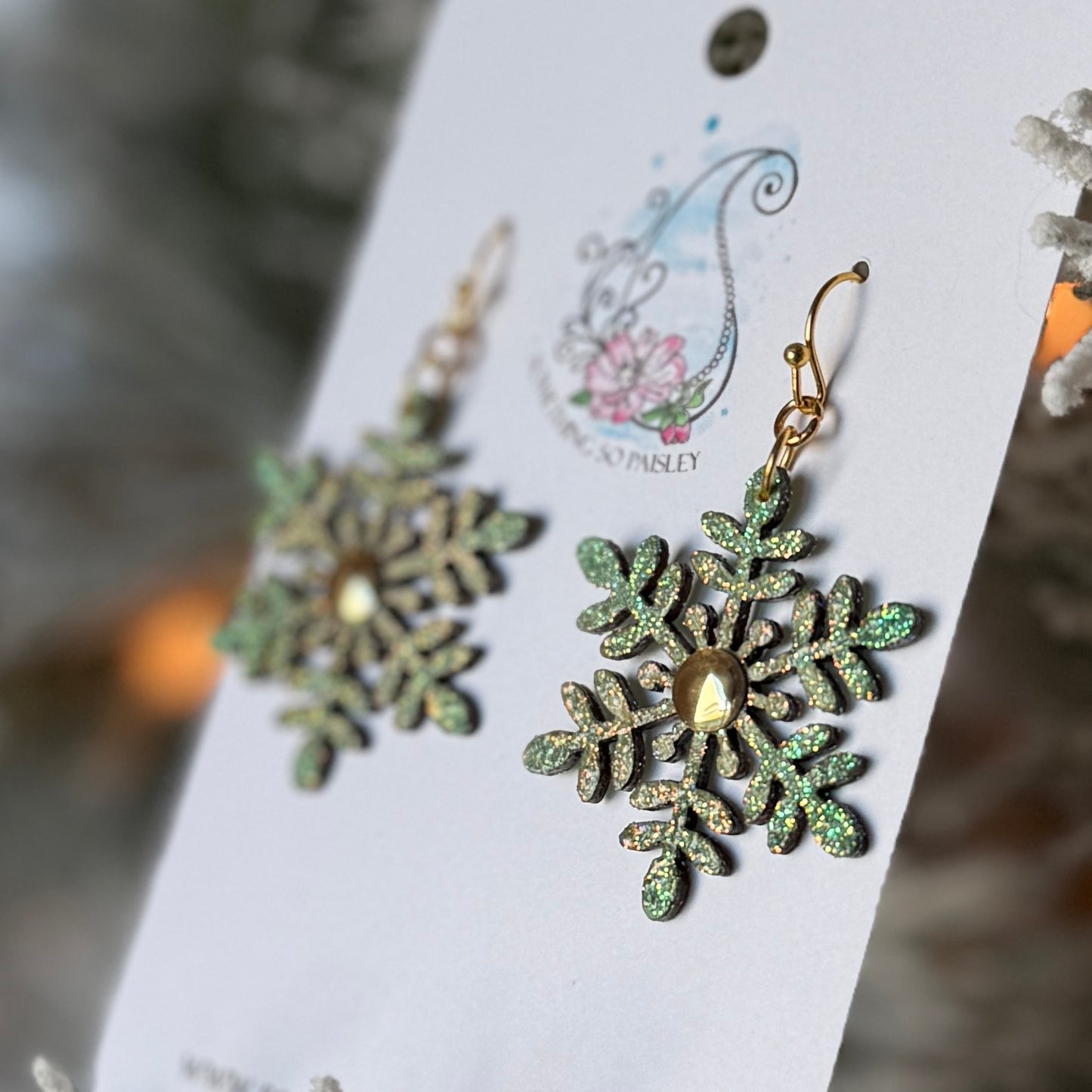 Iridescent Green Snowflake Earrings #15