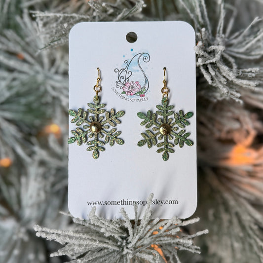 Iridescent Green Snowflake Earrings #15