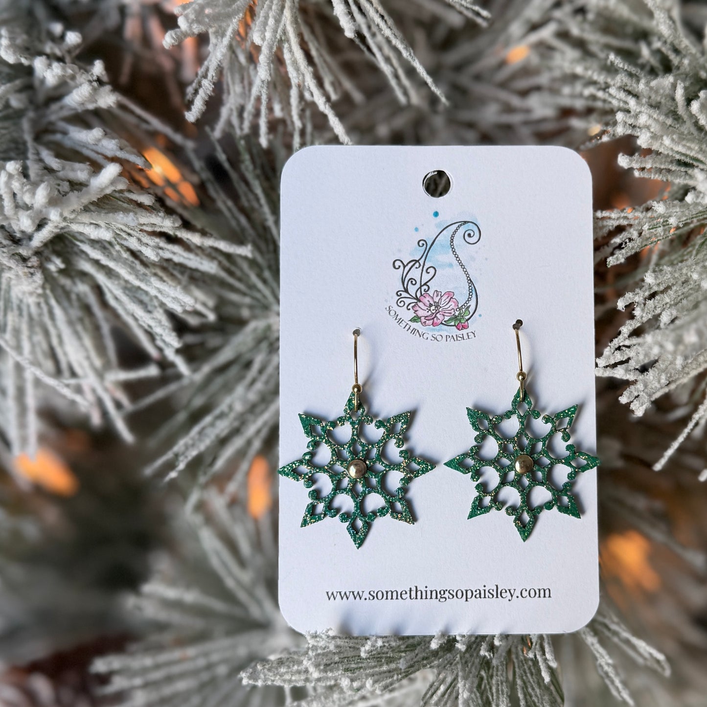 Emerald Glitter Snowflake Earrings #21