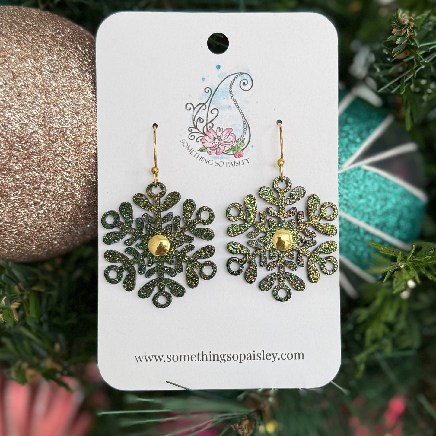 Emerald Glitter Snowflake Earrings #32