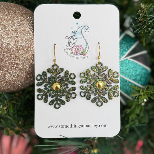 Emerald Glitter Snowflake Earrings #32