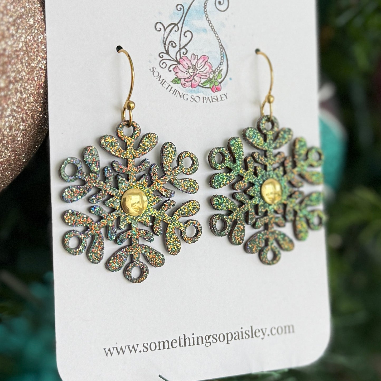 Emerald Glitter Snowflake Earrings #32