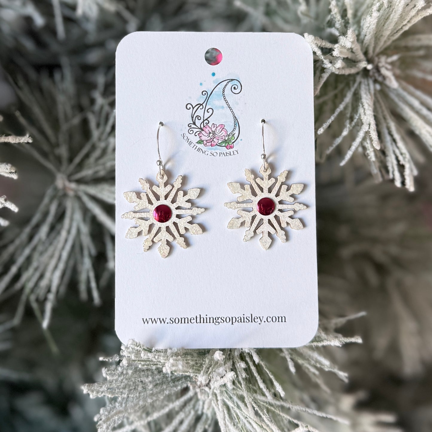 Pearly Glitter Pink Snowflake Earrings #38