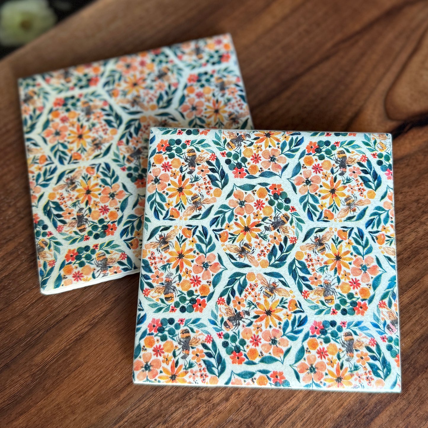 Bees & Blossoms Ceramic Coaster Set