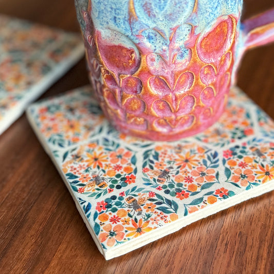 Bees & Blossoms Ceramic Coaster Set