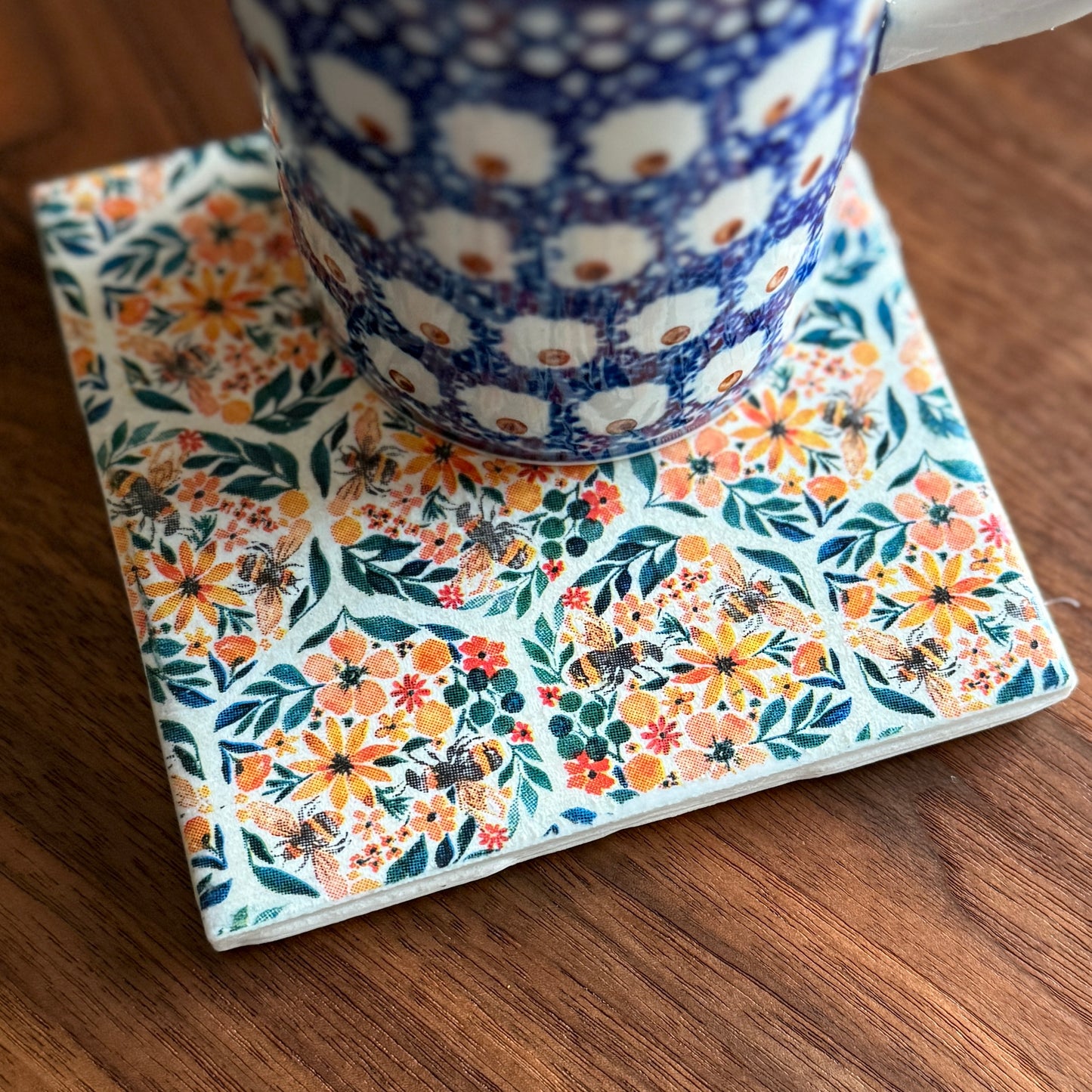 Bees & Blossoms Ceramic Coaster