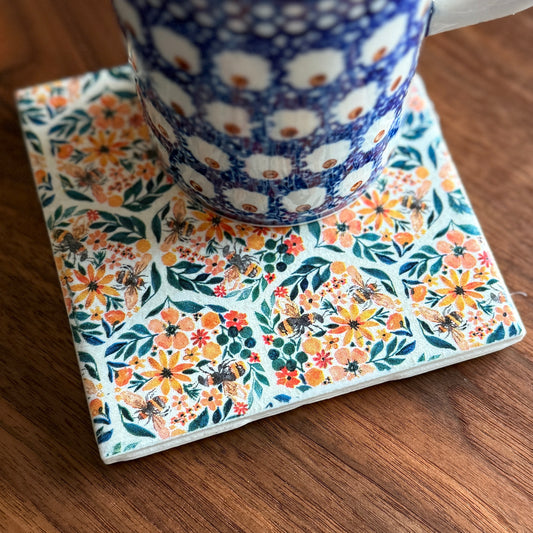 Bees & Blossoms Ceramic Coaster