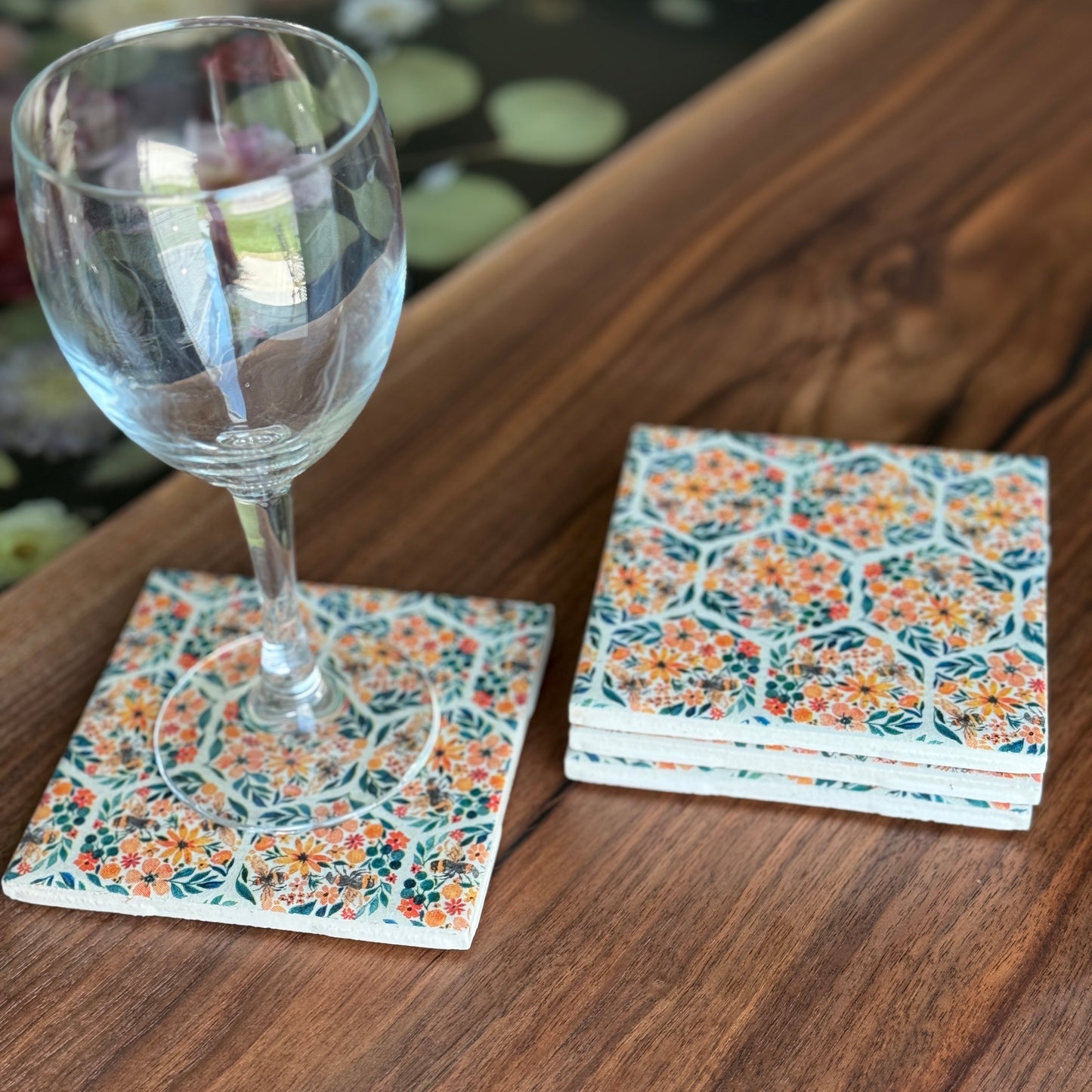 Bees & Blossoms Ceramic Coaster Set