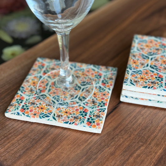 Bees & Blossoms Ceramic Coaster Set