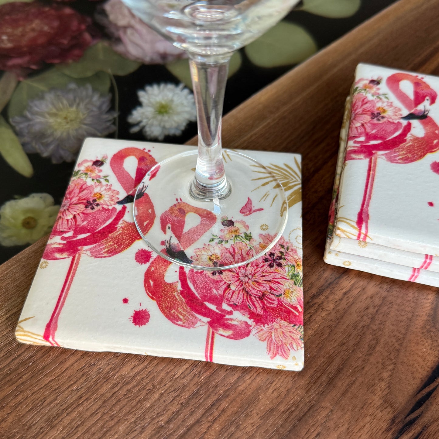Floral Flamingos Ceramic Coaster Set